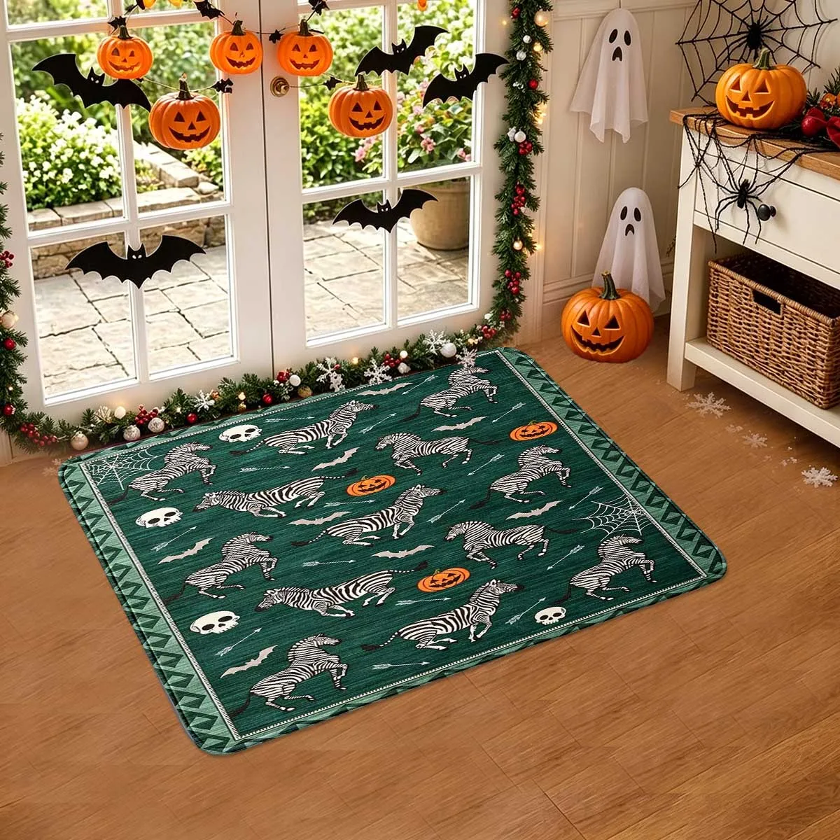 A dark green zebra skeleton pumpkin floor mat with personalized and trendy theme decoration for the entrance of Wansheng