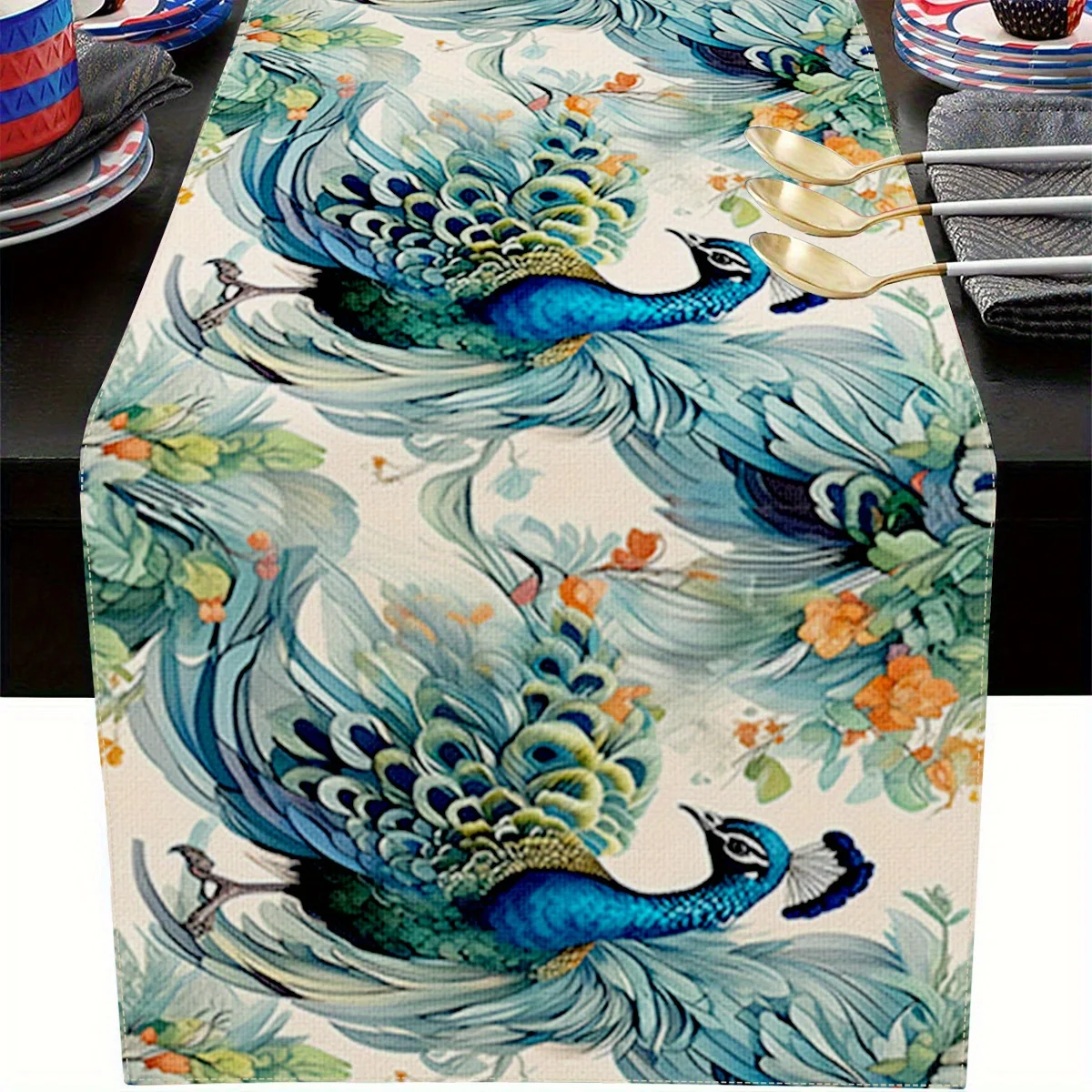 1 Piece of Table Runner with a Peacock Pattern in Ink Painting Style, Suitable for Farmhouse, Indoor, Kitchen, Celebrations, Table Decoration, Restaurant, and Banquet Decoration Supplies