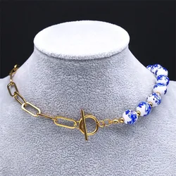 Blue and White Porcelain Beads Necklace for Women Stainless Steel China Ceramic Choker Necklaces Christmas Gift Jewelry collar