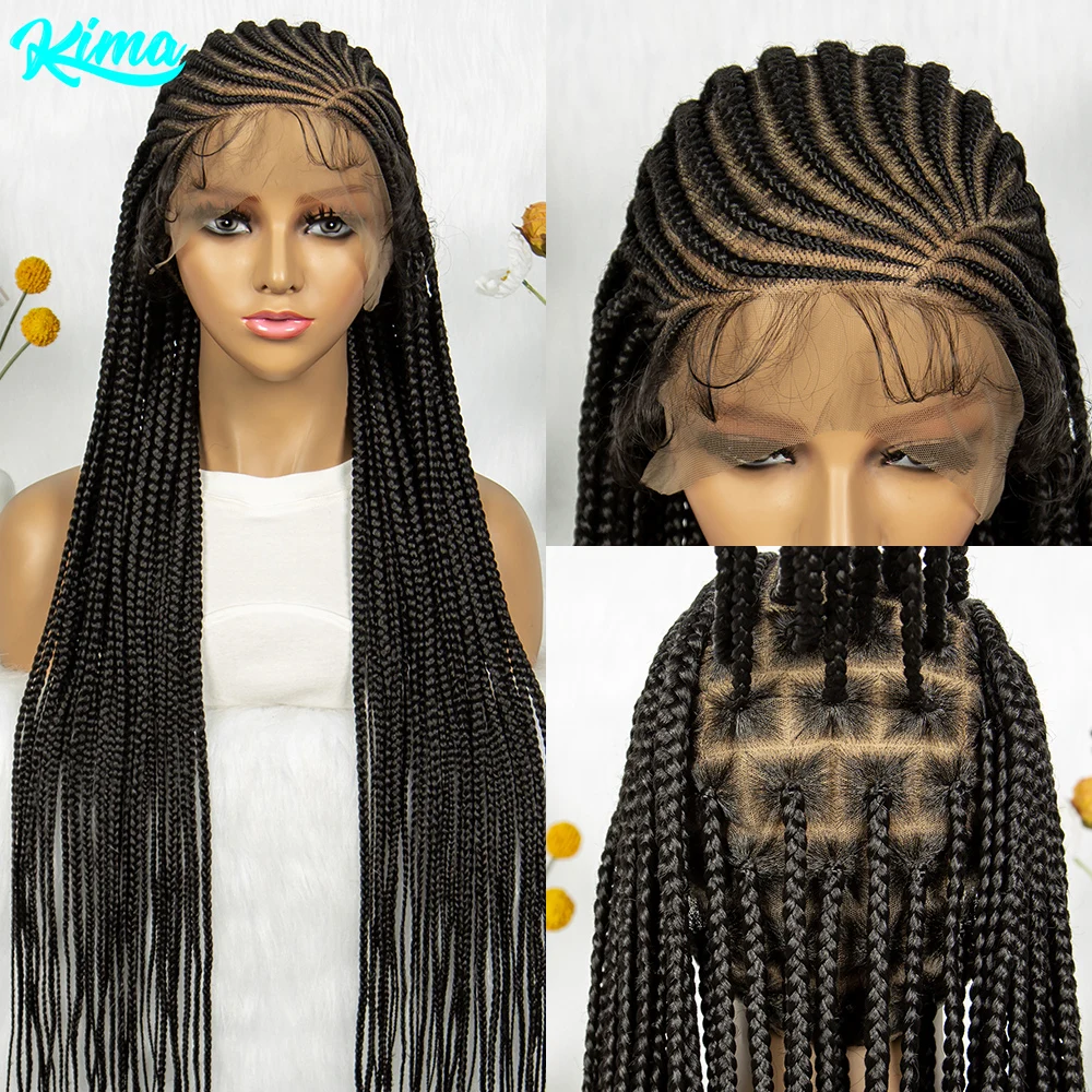 Synthetic Cornrow Box Braided Wig Transparent Full Lace Wigs Fulani Stitch Braids with Baby Hair for Black Women