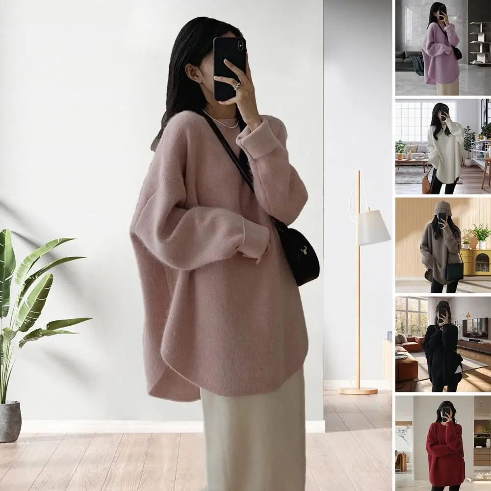 

Round Neck Women Sweater Women Polyester Sweater Cozy Stylish Women's Knitted Sweaters Elegant Oversized for Fall/winter