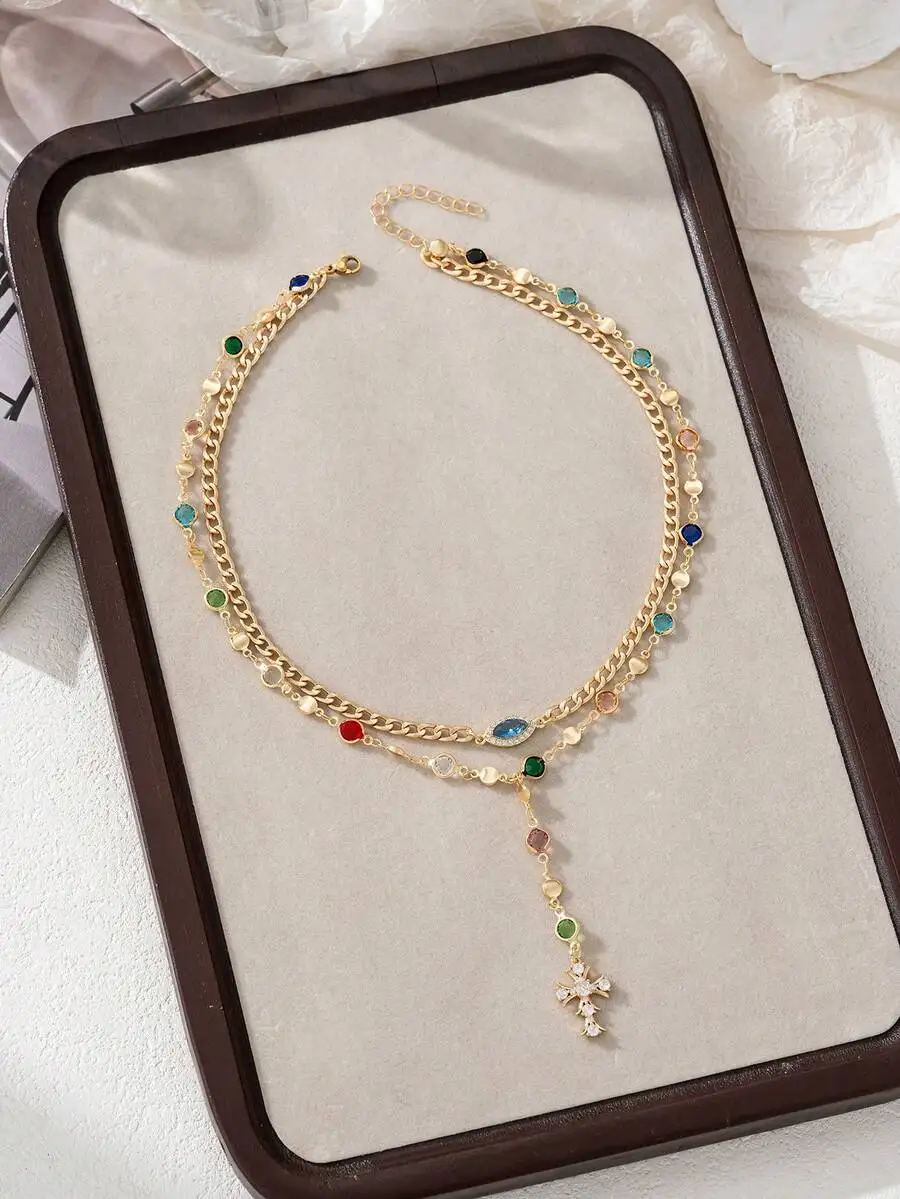 

Double Layer Y-Necklace With Colorful Glass Beads And Cross Pendant For Women