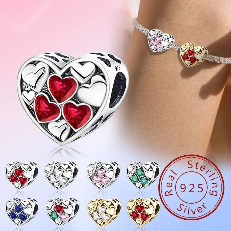 Charm aus 925er-Sterlingsilber, süß, mehrfarbig, Liebesherz-Serie, für Damen, DIY-Armbänder, hochwertiger, personalisierter edler Schmuck