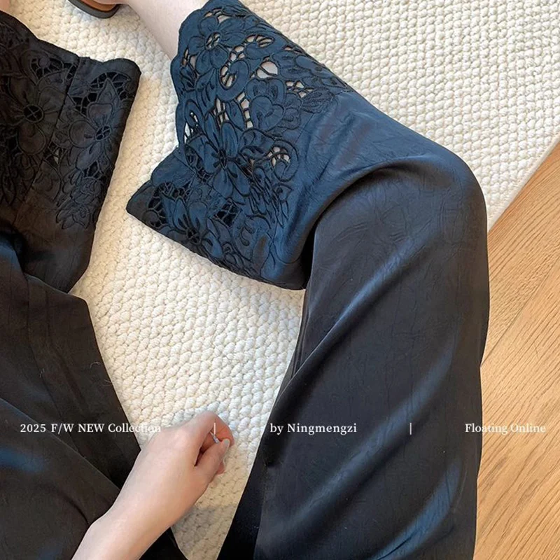 Ladies Office Lady Simplicity Lace Patchwork Black Elastic Waist Straight Summer Chinese Style Hollow Out Slim Wide Leg Pants