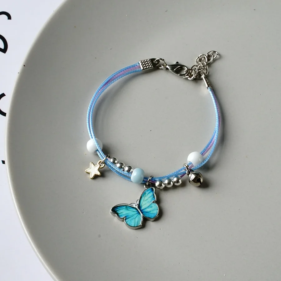 Trendy Couple Blue Butterfly Bracelet for Women Niche Chic Braided Bell Pendant Adjustable Bracelet Simple Couple Jewelry Gifts