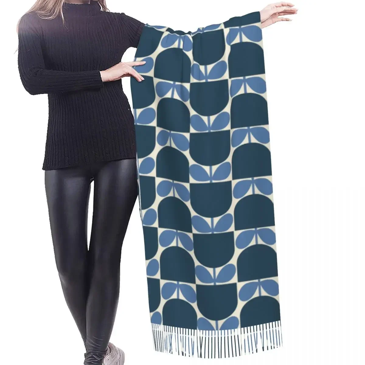 Custom Blue Block Flower Tassel Scarf Women Soft Orla Kiely Shawls Wraps Ladies Winter Fall Fashion Versatile Female Scarves