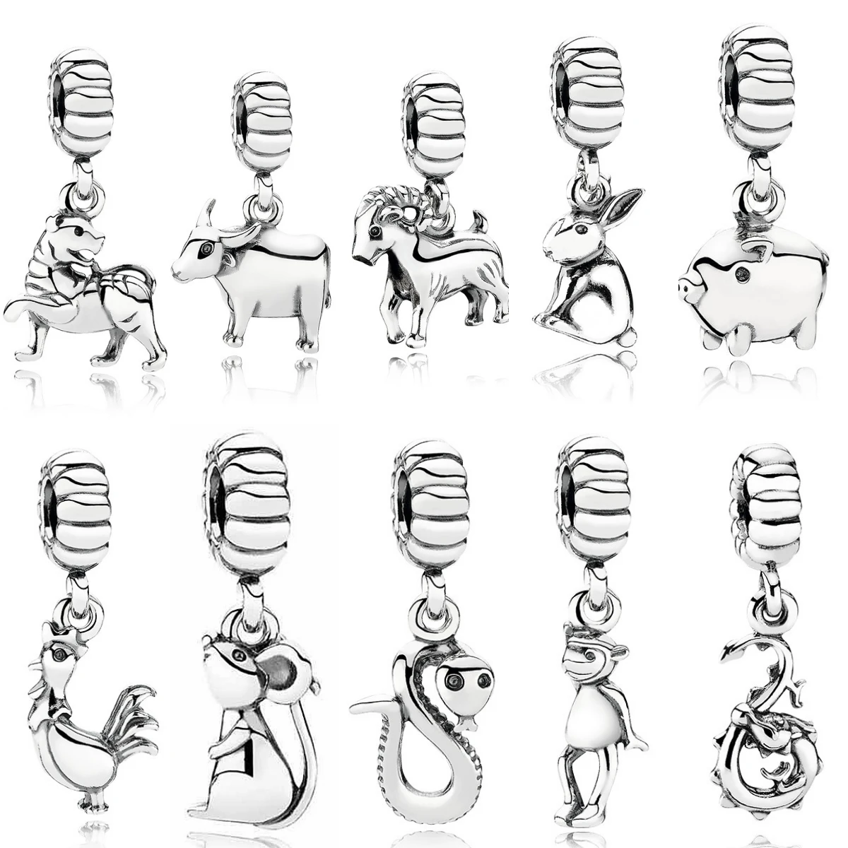 Twelve Chinese Zodiac Signs 925 Sterling Silver Jewelry Bead Tiger Snake Horse Dangle Charm Bead Fit Original Bracelet Gift