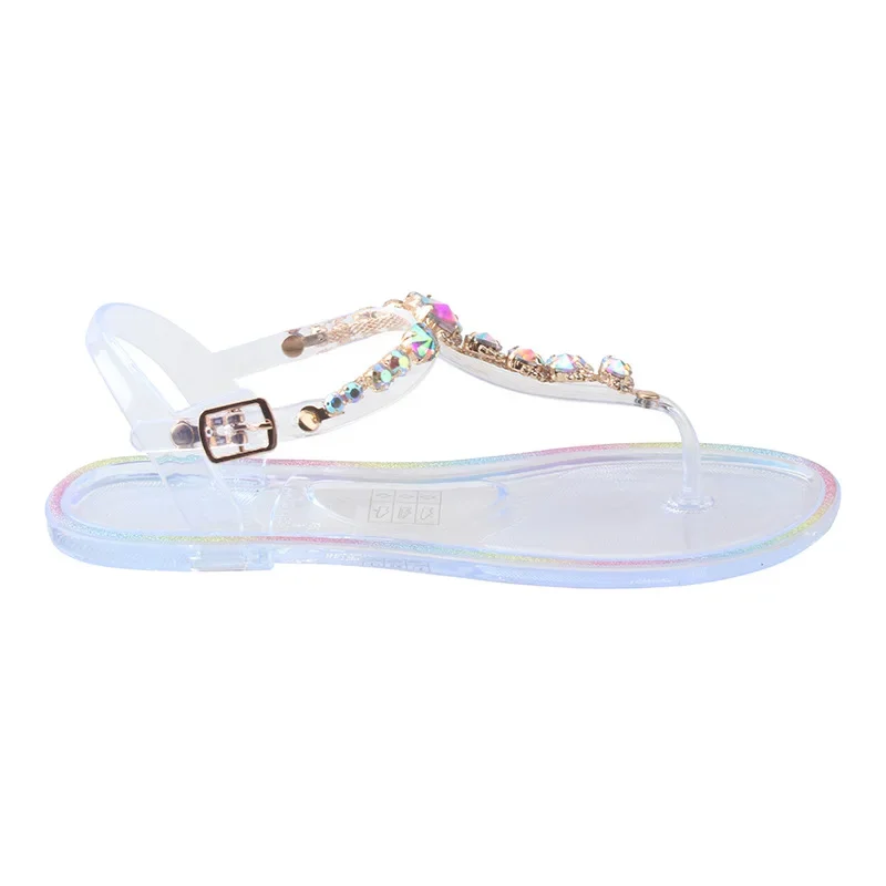 Summer Women Jelly Shoes Simple Color Diamond Fashion Transparent Flat Outdoor Leisure Beach Crystal Ladies Sandals Wholesale