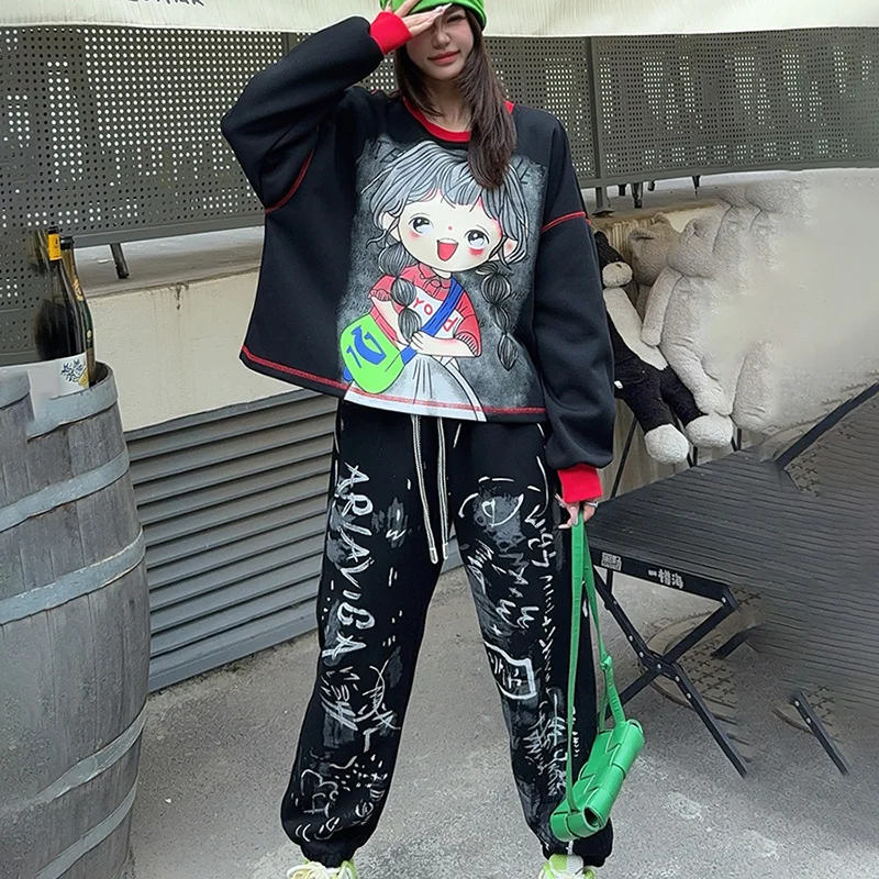 

Korean Fashion Cartoon Print Oversized Pant Sets 2 Piece Woman Outfits Causal Pullover Long Sleeve Sweatershirt Tracksuit Y2k