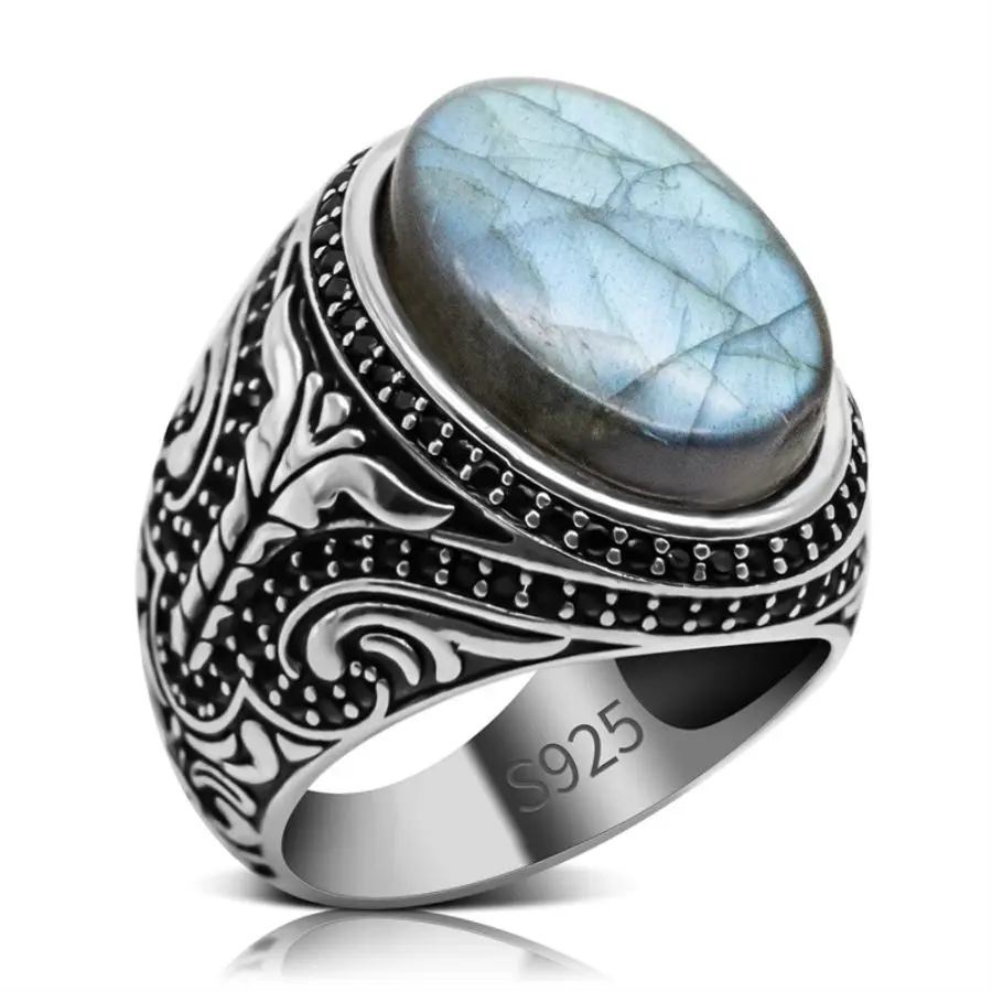 Real 925 Sterling Silver Ring for Men Natural Labradorite Stone Handmade Vintage Turkish Silver Ring for Male