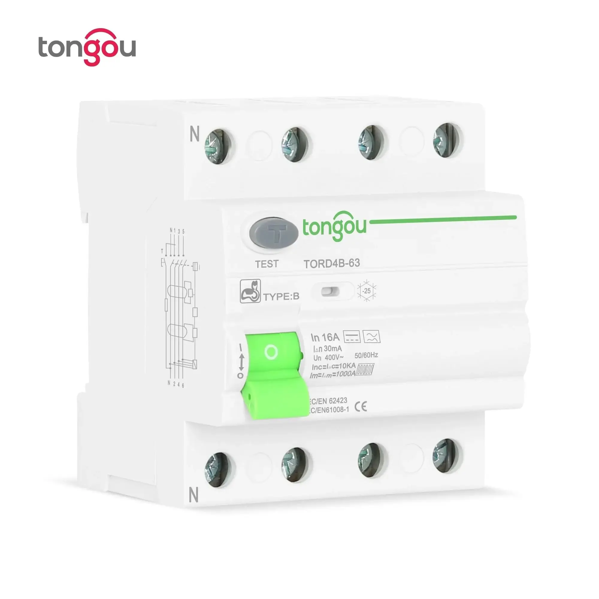 RCD RCCB Tipo B Interruttore automatico corrente residua per perdite di terra Evse 2P 4P AC 40A 63A 30mA 10KA Guida Din 230V TONGOU