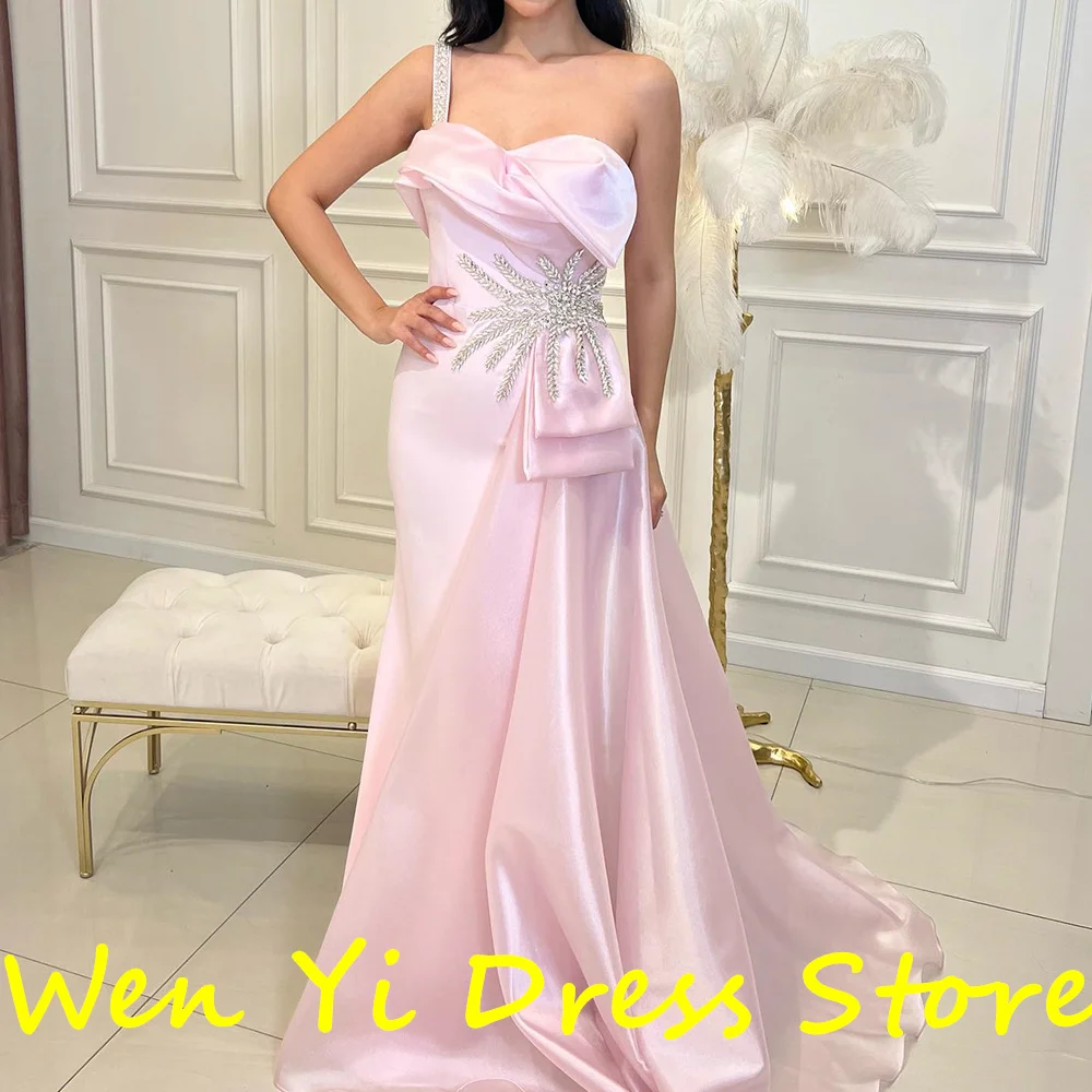 Floor Length One Shoulder Straight Satin Sleeveless Pleats Sweep Train Solid Color Crystal Fashion Bespoke Occasion Gowns Modern