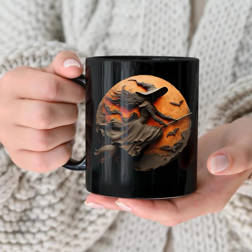 ‌Halloween Witch Mug Ceramic Cup - Black Magic Witch Design with Glow in Dark Effect, 11oz Coffee Cup for Adults, Unique Gift