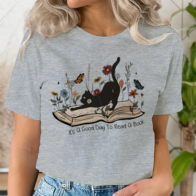 Women\'s T-shirts Black Cat and Floral Book Tshirt Short Sleeve Animal Lovers Tops It\'s A Good Day To Read A Book Graphics Tshirt