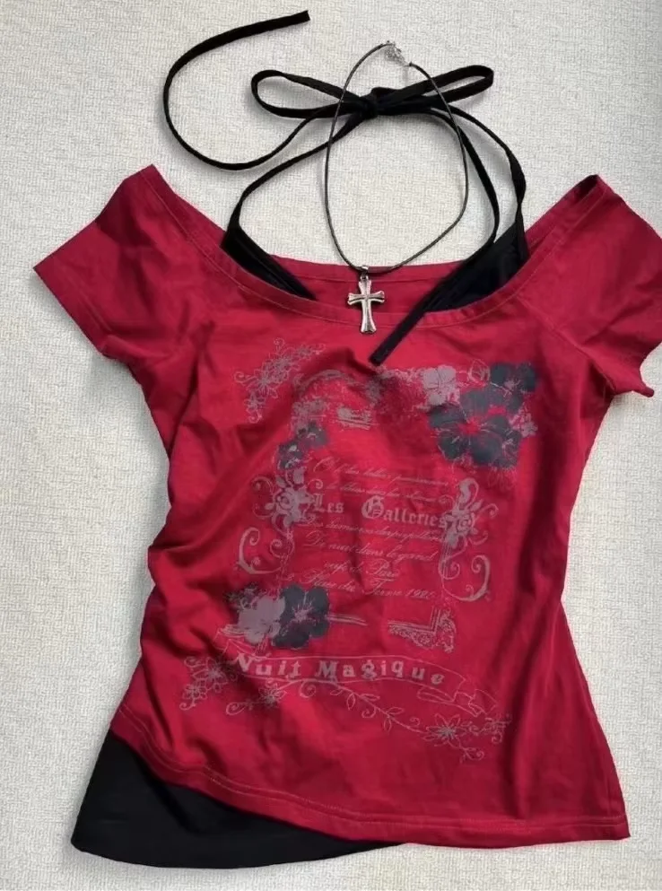 2025 Summer Y2k Vintage Graphic T Shirts Women Grunge Streetwear Hot Girl Slim Fit Tee Harajuku Fashion Casual Sweet Tops Chic