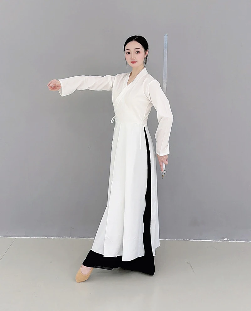 White Sword Dance Costume Women Cross Collar Long Sleeve Performance Wear Ethereal Flowing Classical Wuxia Style Dance Clothing