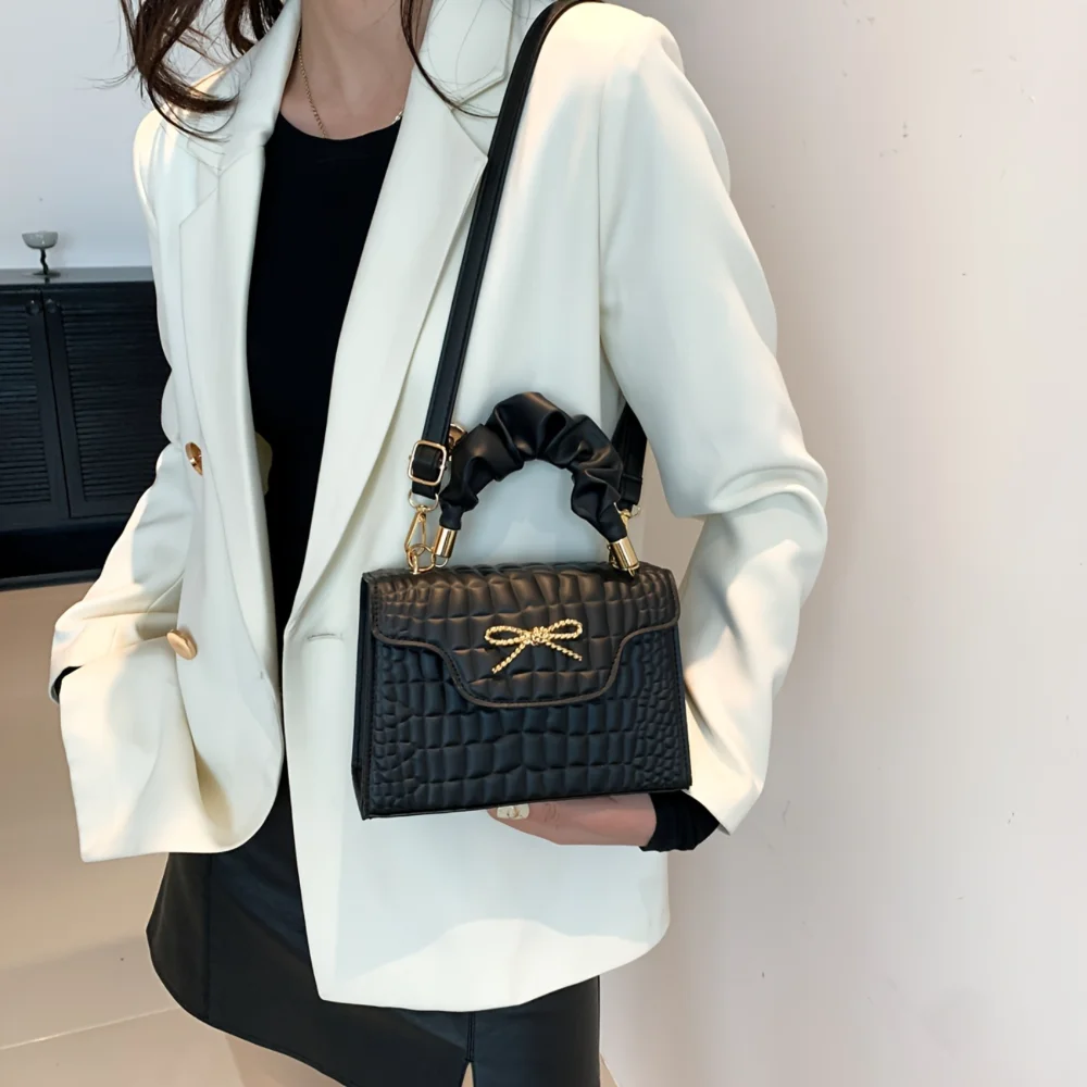 Crocodile Pattern PU Handheld Small Square Bag with Bow Flap - Fashionable Shoulder Crossbody Bag