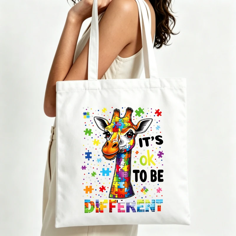 Women's animal graphic canvas tote bag with puzzle piece pattern, perfect for casual daily use and shopping outings