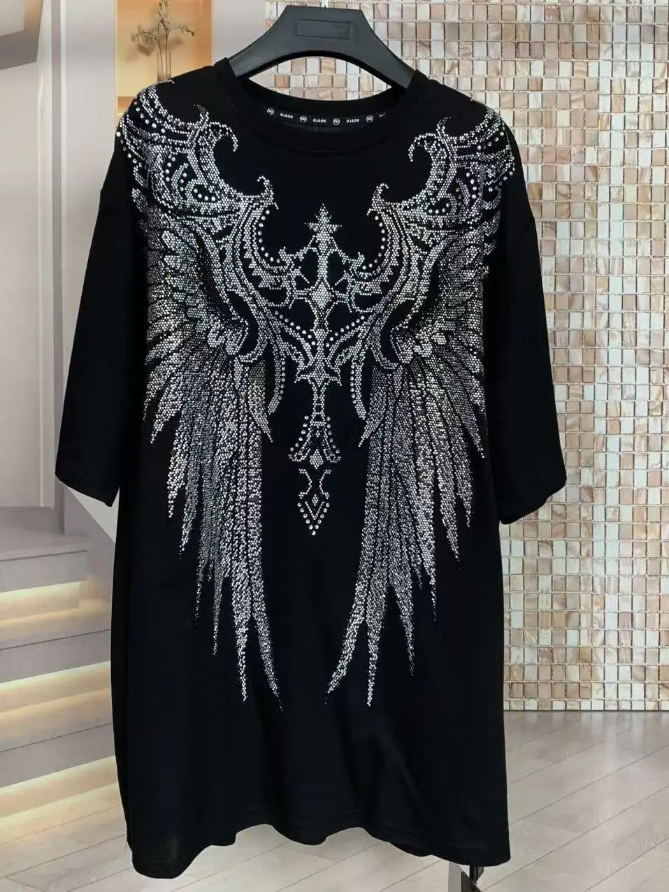 Fashionable round Neck Short Sleeve T-Shirt Men Women Heavy Duty Front And Back Rhinestone Large Wings Creative Cotton Tees