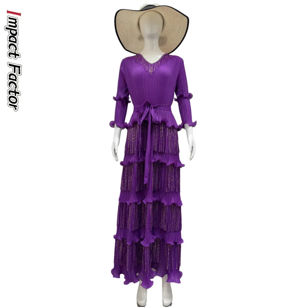 

2025 Pleated Appliques Long Dresses for Women Round Collar Lace-up Full Sleeve Evening Party New Lady Dress