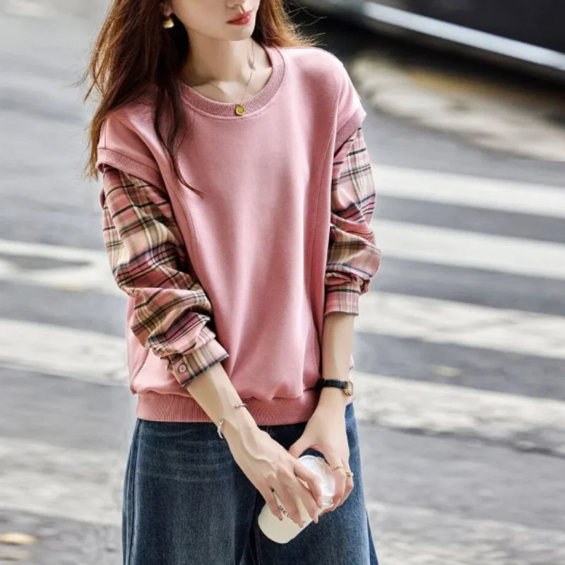 Women's Clothing Round Neck Spring Autumn Contrast Color Checkered Lantern Long Sleeved Casual Elegant Pullover All-match Tops