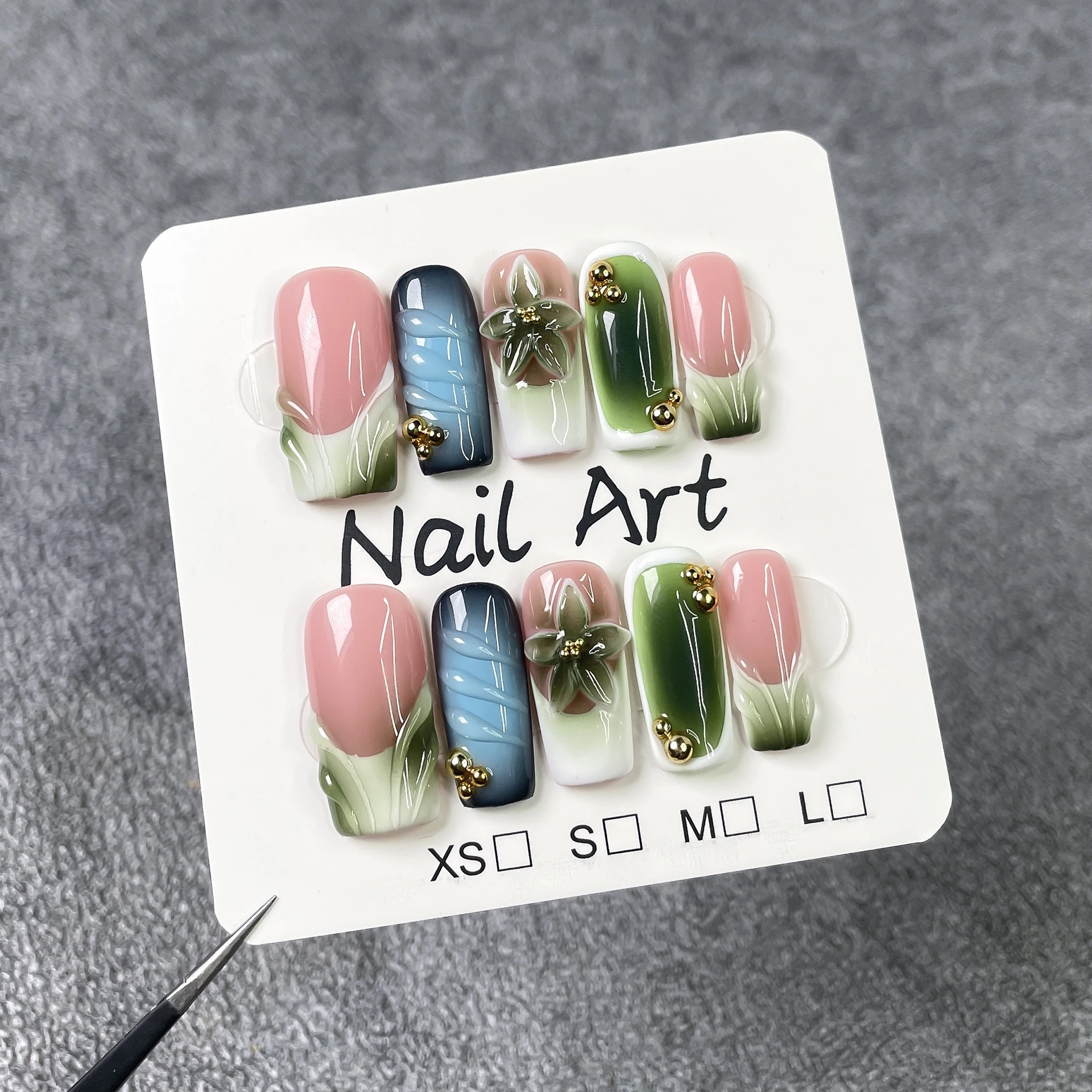 

10Pcs French Square Head Coffin Acrylic Nails Art Patches Gradient Blush Ripple Flower Fake Nails Detachable Mid-length Manicure