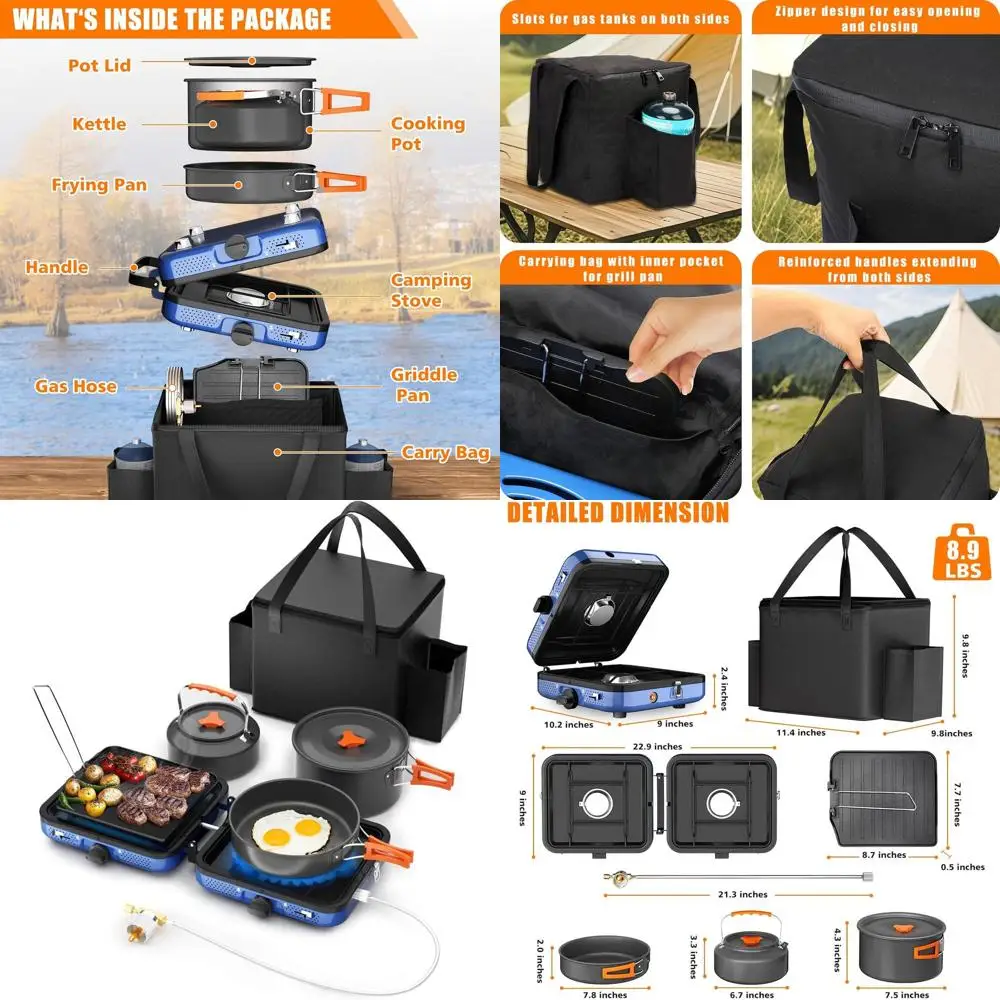 

Camping Stove,2 Burner Propane Stove,20000 BTU/h Camping Cooking set Includes Frying Pan,Kettle and Pot,Adjustable Burners & Pie