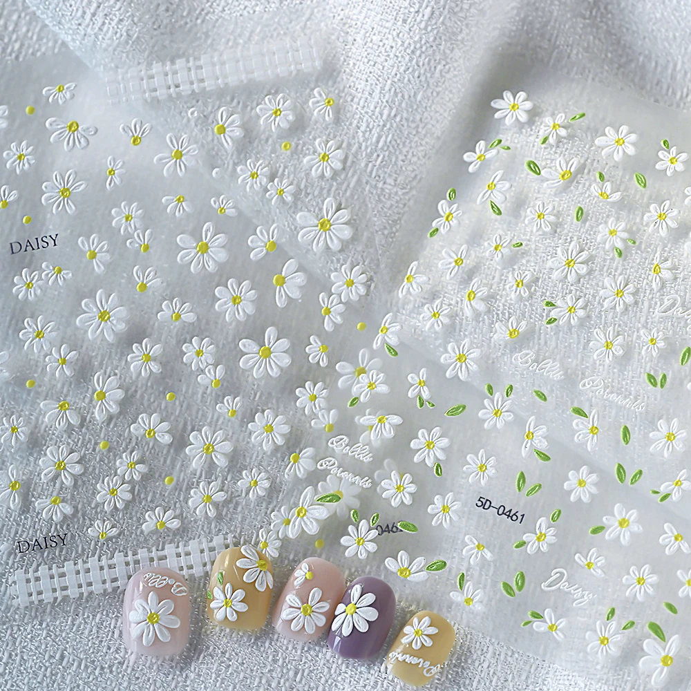 2 Stück 5D weiße Gänseblümchen Design Nail Art Aufkleber geprägte Gänseblümchen Blümchen grünes Blatt Nail Art Aufkleber DIY Frühling Sommer Dekor Aufkleber – Detail 7