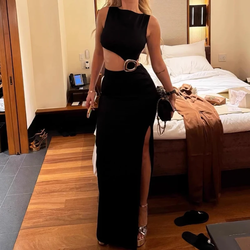 

Women's New Hot Girl Sexy Spliced ​​Hollow Slit Skirt Revealing Waist Slim European and American Dress