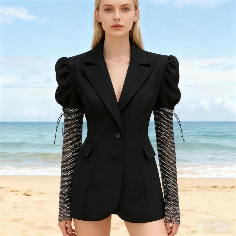 

2025 New Y2K Sequin Blazer Dress Wome's Black Puff Sleeve Suit Skirt for Party Beach Glam Fashion Peak Lapel Mini Dress In Stock