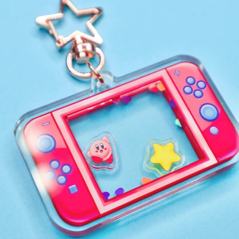 Kirby Handheld Game Console Shaker Acrylic Keychain Rose Gold Star Hook Cute Pastel Kawaii Dreamy Anime Bag Charm Ornament Gift view 5