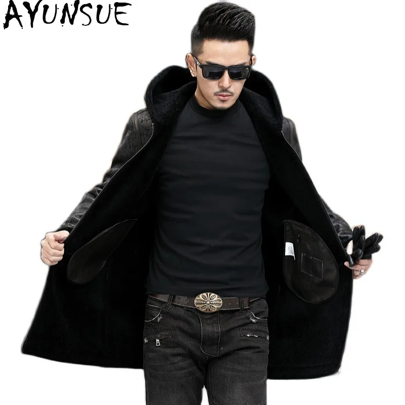 

AYUNSUE 100% Wool Coats for Man Winter 2025 Hooded Mid-length Woolen Jacket Casual Black Suede Men's Jackets Chaqueta Hombre