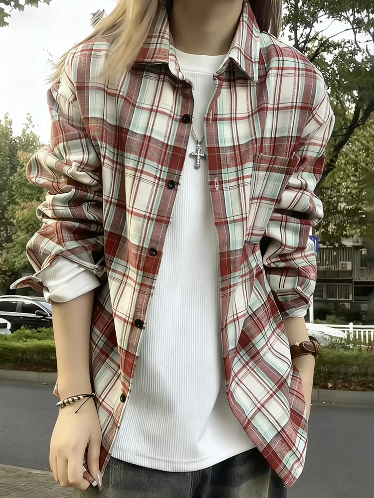 

American Sle Long Sve Fce Lined Plaid irt Men Women Autumn Winter Layering Inner Wear Collar Couple Open Cardigan Coat