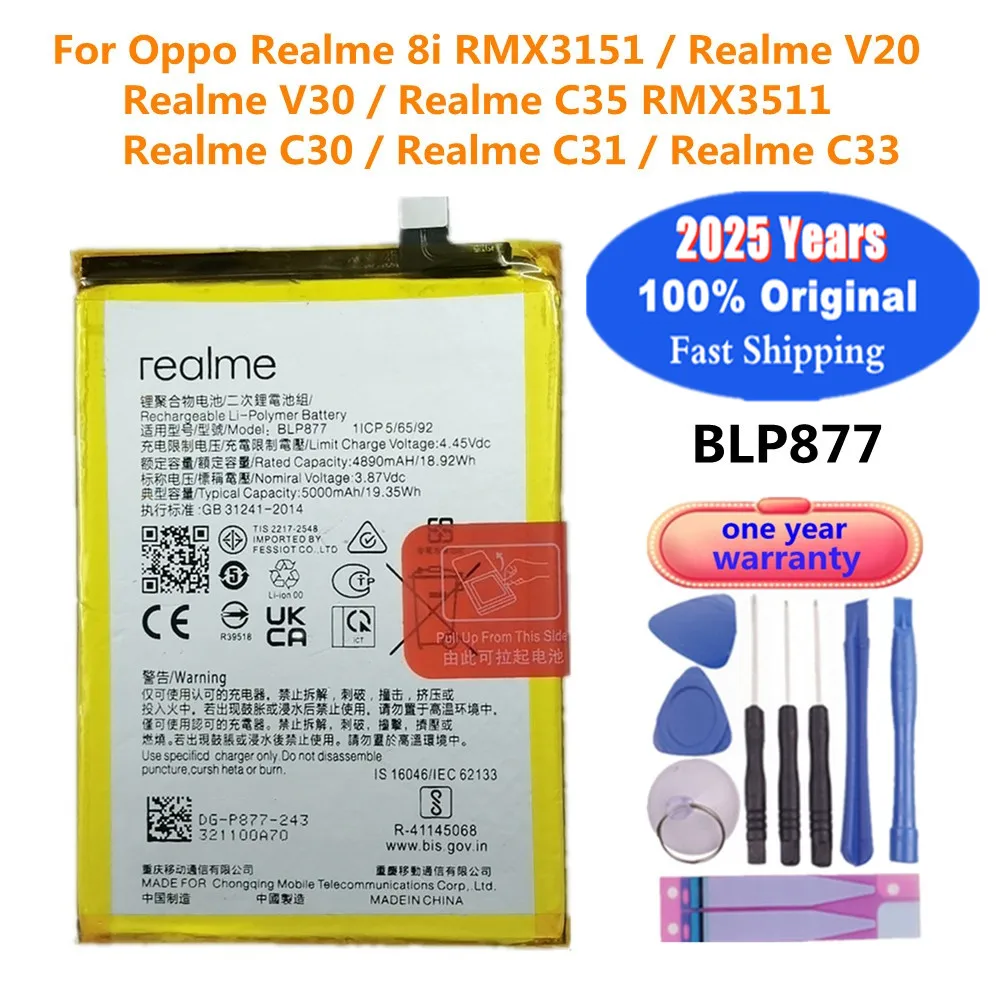 

5000mAh New Original Battery BLP877 For OPPO Realme 8i RMX3151 V20 V30 C35 RMX3511 C30 C31 C33 Phone Replacement Bateria Battery