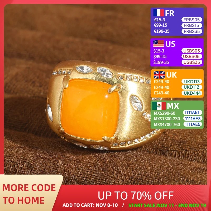 

Vintage Square Yellow Ring Natural Stone White Crystal Rhinestone Woman Gift Gold Color Accessories Luxury Designer Jewelry