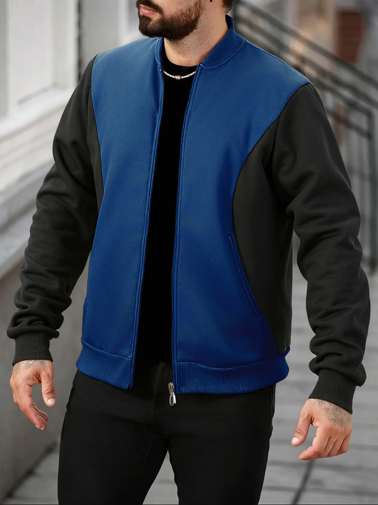 

Новая мужская повседневная куртка на молнии с длинными рукавами и модным ребристым воротником для модной и теплой спортивной бейсбольной толстовки на открытом воздухе.