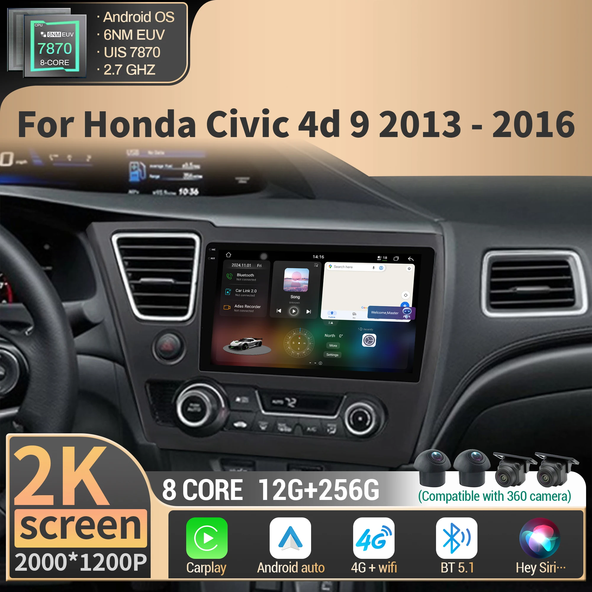 

Android 14 For Honda Civic 4d 9 2013-2016 Car Radio Multimedia Wireless Carplay 4G GPS CPU 7870 8G 256G 2K QLED Screen Stereo