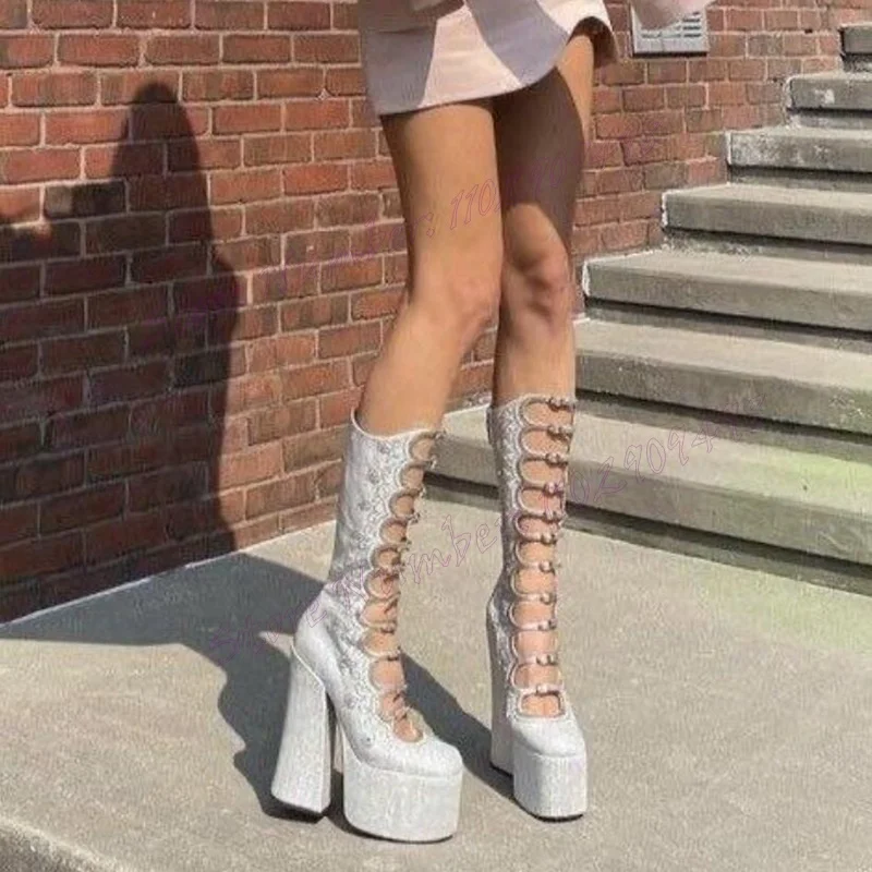 

Blue Hollow Out Chunky Heels Boots Round Toe Platform Shoes for Women Mid Calf High Heels Sexy Shoes 2024 Zapatos Para Mujere