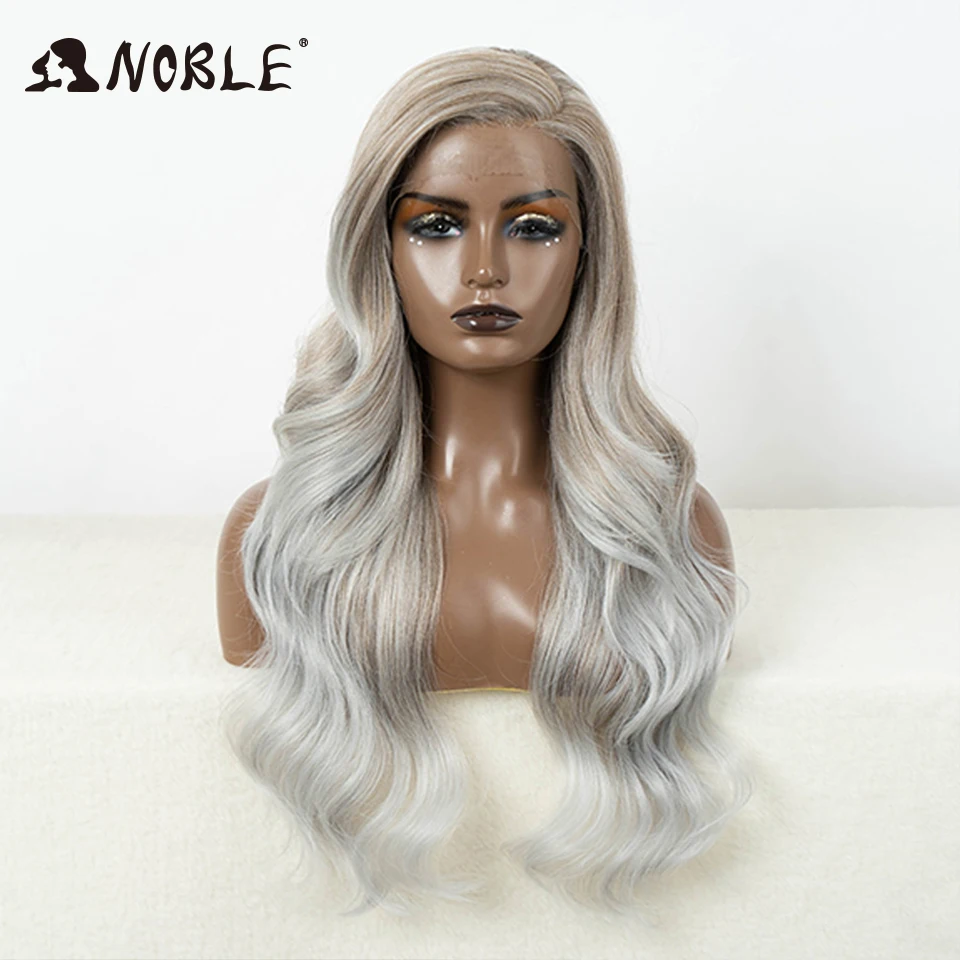 Wig sintetis berenda depan gelombang tubuh Mulia untuk wanita Wig bagian C Wig 26 inci Ombre coklat perak berwarna Cosplay Lace sintetis