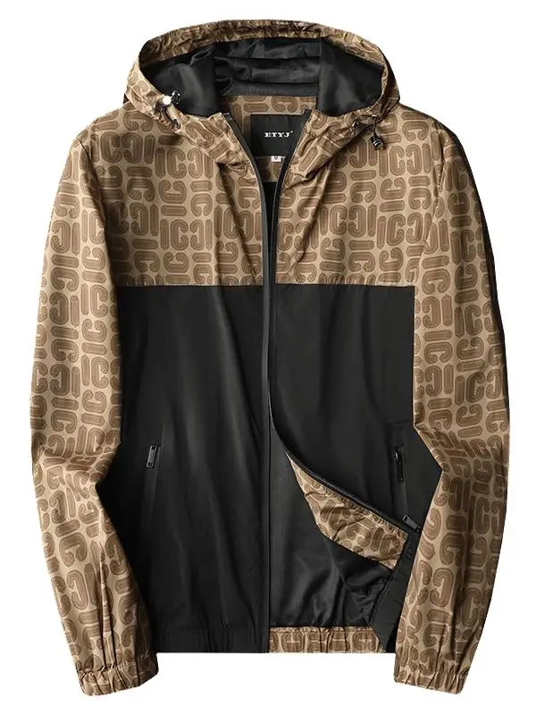 

Men's Casual Hooded Jaet Thin Spring New Sle Splicing Pattern Breathable Polyester Fabric Faion Urban Sle Zipper Closure