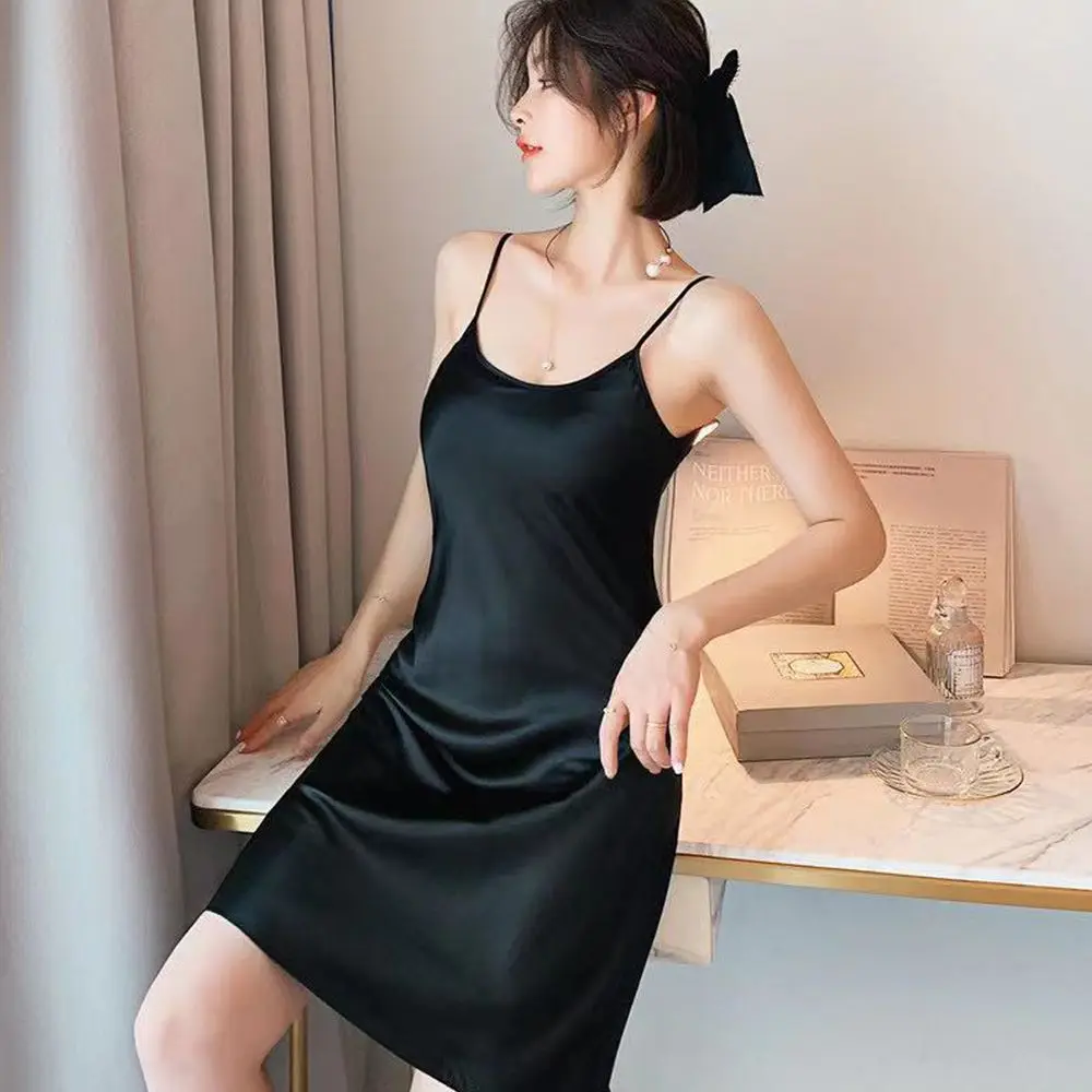 Cozy Sweet Female Solid Color Camisole Homewear Women Sleepwear Sling Nightdress Ice Silk Suspender  Nightdress