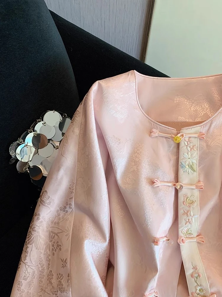 Roze nieuwe Chinese Sle lichtgewicht geborduurd patchwork irt Jaet lente herfst retro high-end veelzijdige button-up top