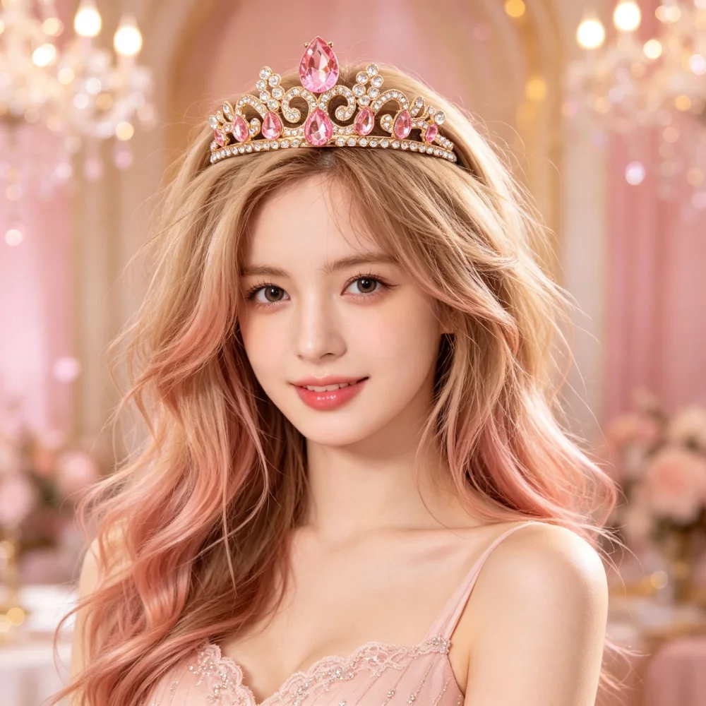 Pink Crystal Princess Tiara Diadem Rhinestone Crown for Girls Birthday Party Cosplay Wedding Pageant Hair Accessories