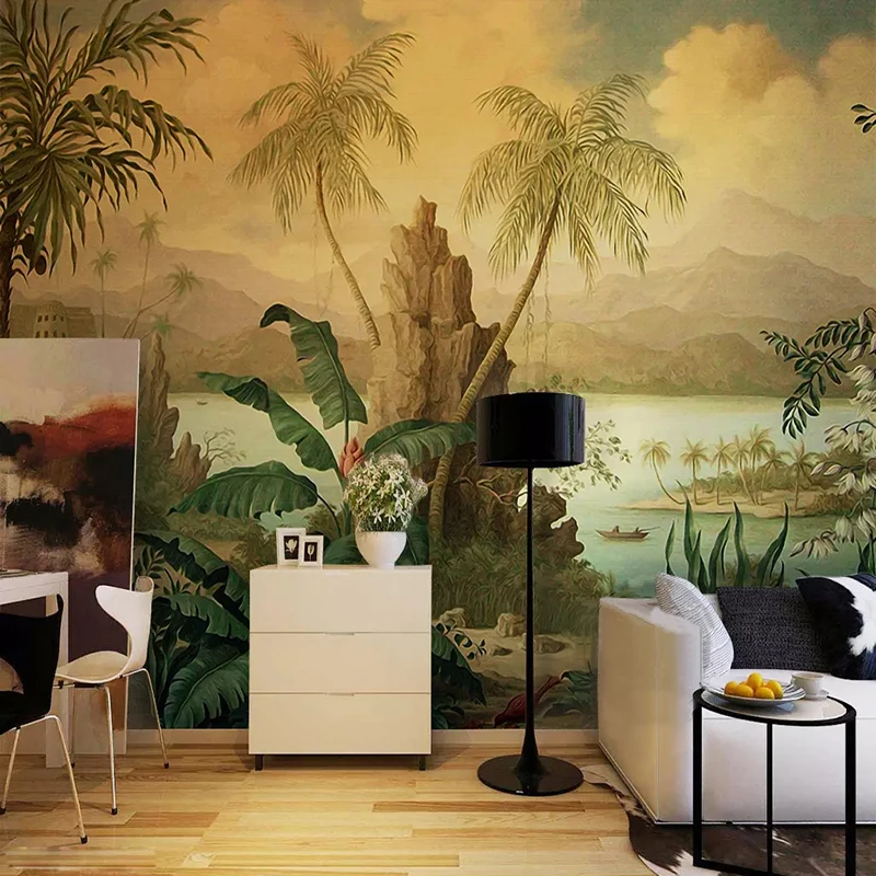 Papel tapiz 3D personalizado, Mural artístico de pared, pintura al óleo de paisaje Retro de estilo europeo, papel tapiz de árbol de coco y plátano de selva Tropical