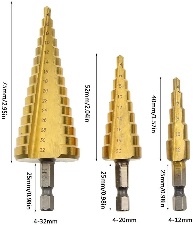 3 HSS Titanium Mũi 4-12-20 4-32 Khoan Điện Dụng Cụ Kim Loại Cao Cấp thép Gỗ Lỗ Cắt Hình Nón Mũi Khoan