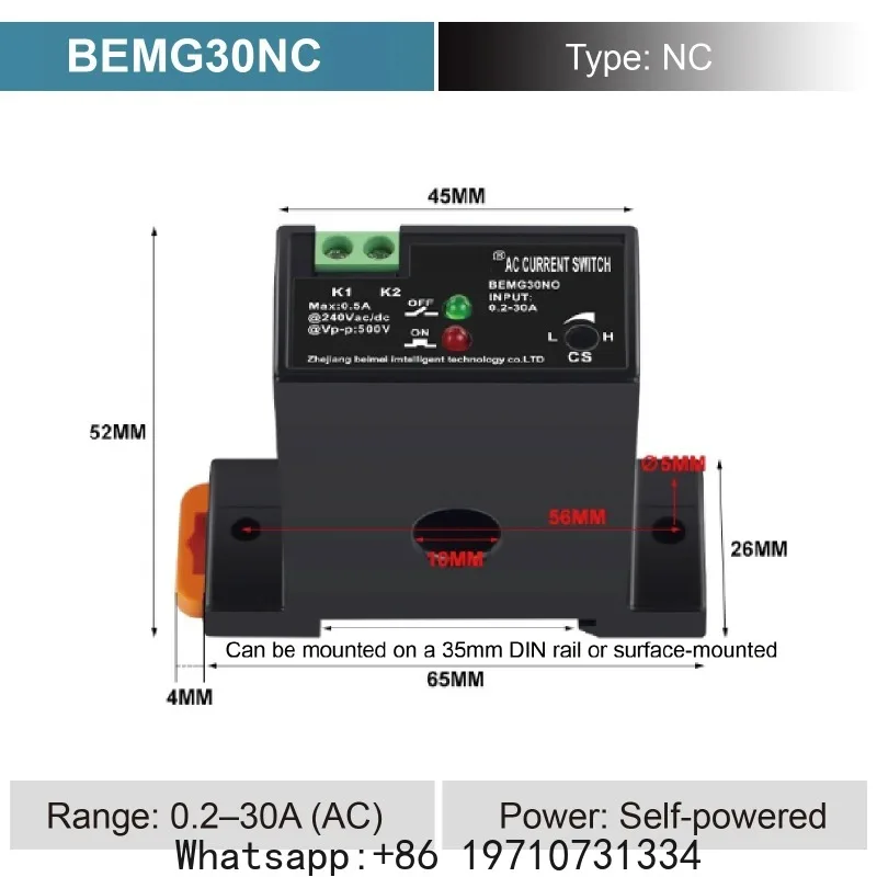 BEMA36K BEMG30 BEMA200 Self Powered AC Current Switch 0.2‑30A Adjustable Relay No Aux Power NO/NC Industrial Current Sensor