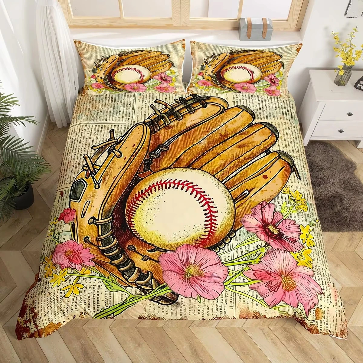 Kids Baseball Bedding Set Ball Sports Duvet Cover Set Single King for Boys Teens Polyester Baseball Bat Gloves Comforter Cover