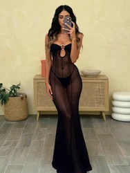 Women's Sexy Off Shoulder Mesh Transparent Beach Cover Up Dress Strapless Slim Long Dress White Night Club Party Robe Summer