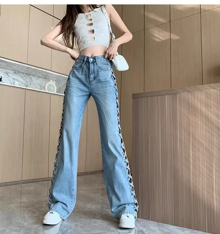 Side Hollow High Waist Wide Leg Jeans Summer Thin Loose Straight Design Mopping Pants 5