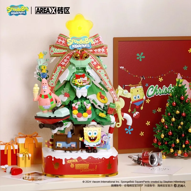 Spot Areax SpongeBob SquarePants Christmas Tree Building Blocks Trendy Play Assemble Movable Ornament Model Anime Collection